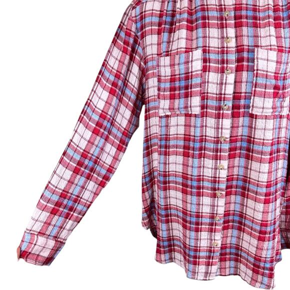 Anthropologie Pilcro Red Blue Pink Plaid Soft Knit Long Sleeve Button Up Shirt - Picture 7 of 11